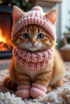 an orange and white cat wearing a pink knitted hat, scarf and booties