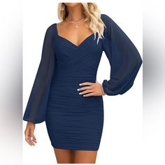 Nwt Color: Navy Blue Product Details Fabric Type 95% Polyester, 5% Spandex Care Instructions Machine Wash Origin Imported Closure Type Zipper About This Item Small=Us 4-6, Medium=Us 8-10, Large=Us 12-14, X- Large=Us 16-18. Tips: The Whole Dress Is Lined Except For The Sleeve. You've Found The Sexy And Comfy Mini Dress! This Lovely Short Dress Features A Sheer Puff Sleeves That Can Be See Through, Sweetheart Neck, Solid Color, With Elastic Band On Shoulder/Cuffs, Slim Fitting, Back Hidden Zipper Party Short Dresses, Long Sleeve Mesh Dress, Short Bodycon Dress, Summer Bodycon Dress, Cocktail Wedding, Puff Long Sleeves, Ruched Bodycon Dress, Party Dress Short, Mini Cocktail Dress