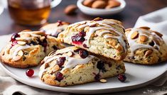 a white plate topped with scones covered in icing and cranberry toppings