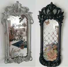 two mirrors with different designs on them, one is black and the other is silver