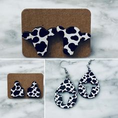 three different pictures of black and white animal print earring designs, one in the shape of a cow's head