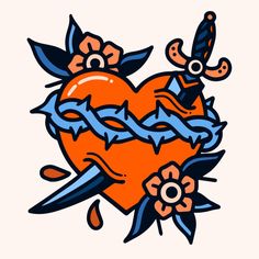 an orange heart with two swords sticking out of it's center surrounded by flowers