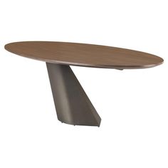 a wooden table with metal legs and a circular shaped base on an isolated white background