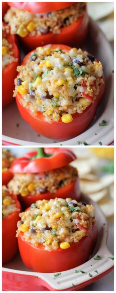 tomatoes stuffed with rice and vegetables are shown in two different pictures, one is filled with the