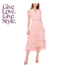 in stock Tiered Dress, Flutter Sleeve, Vince Camuto, Pick Up, In Store, Buy Online, V Neck, Free Shipping, Pink