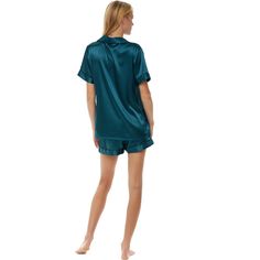 This women's satin pajama set from Alexander Del Rossa would be a great addition to any wardrobe. The short sleeved pajama top features a button down front, two front pockets and a collar with contrasting trim. The bottoms feature an elastic waist for a comfortable fit. If you're not completely satisfied with this pajama set returns are accepted. Satin Short Sleeve Sleepover Sets, Satin Sleepover Set With Short Sleeves, Satin Short Sleeve Bedtime Set, Satin Bedtime Set With Short Sleeves, Satin Bedtime Sets With Short Sleeves, Satin Sets With Short Sleeves For Home, Short Sleeve Satin Sets For Home, Satin Pajamas Set, Satin Pajama Set