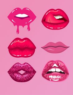 six different types of lipstick on a pink background with drops of liquid coming out of them