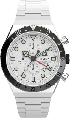 Vår Q Timex 3 Time Zone Chronograph är en klocka för dem som är glada över den öppna vägen framåt och kombinerar äventyrsandan med oöverträffad kvartsprecision. Den är utrustad med en timmes hand och röd andra timmens hand som kan ställas in oberoende för att spåra 2 olika tidszoner, en roterande övre ring som rymmer en 3: e tidszon med hjälp av någon av timmens händer och en standard kronograffunktion. Den påminner om designestetiken hos vår ursprungliga dykinspirerade Q, men eleganta uppdateringar ger nytt liv i sin välbekanta 40 mm fallprofil: en moderniserad Q Timex-logotyp, platt mineralglaskristall med avfasad kant, krona i rostfritt stål med gummiaccenter och en 24-timmars formatunderring vid klockan 12-positionen av sin svarta, vita eller skogsgröna urtavla. Ta på dig armbandet i r White Metal Dial Watch Accessories For Gift, White Watch Accessories With Metal Dial For Gift, White Chronograph Watch Accessories As Gift, White Chronograph Watch Accessories For Gift, White Watches With Subdials For Gifts, White Chronograph Watch With Subdials, White Chronograph Watch With Subdials For Gift, White Chronograph Watch With Subdials As Gift, White Watch Accessories With Tachymeter As Gift