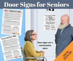 a man and woman standing next to each other in front of a door with signs on it