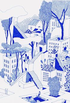 a blue and white drawing of houses with trees