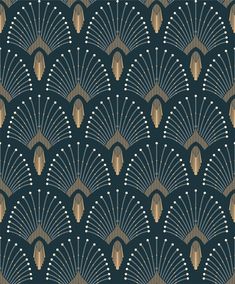 an art deco style wallpaper design with gold and blue fan shapes on black background