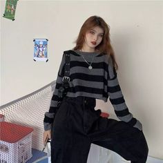 Get your harajuku style with this striped loose knit cropped sweater. crafted from a soft cotton blend, this cropped sweater is sure to add a fun and unique look to your wardrobe. Cheap Black Sweater For Spring, Cropped Loose Sweater, Cropped Pullover, Oversize Knit, Knitting Women Sweater, Crop Top Blouse, Sweater Women, Cropped Style, Knitted Pullover Sweaters