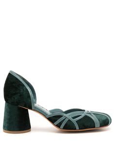 emerald green/teal blue velvet finish leather trim round toe slip-on style branded insole mid 55mm heel Emerald Green Velvet, Green Pumps, Velvet Pumps, Velvet Heels, Round Toe Pumps, Blue Pumps, Green Velvet, Black Pumps, Blue Velvet