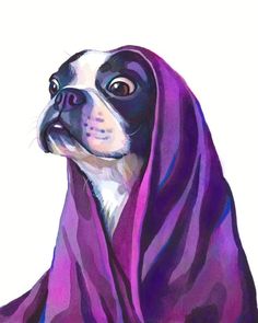 a painting of a dog wearing a purple scarf