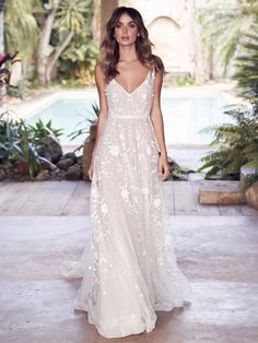 Wedding Dress With Train A Line Sleeveless Lace V Neck Bridal Gowns Anna Campbell Wedding Dress, Lace Applique Wedding Dress, Dress With Train, Anna Campbell, Applique Wedding, Applique Wedding Dress, Online Wedding Dress, Cheap Wedding Dress, A-line Wedding Dress