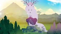 an illustration of a giant white rabbit in the middle of a field with trees and mountains behind it