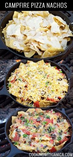 three pans filled with food sitting on top of an open fire pit, and the words campfire pizza nachos above them