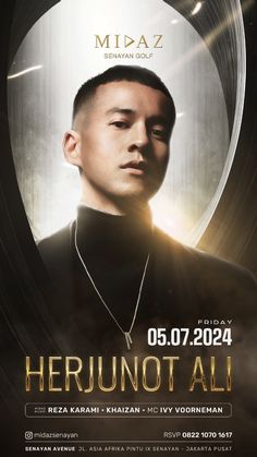 a flyer for an event with a man in black shirt and gold necklace on it