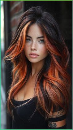 Copper Balayage On Black Hair, Copper And Black Hair, Copper Hair With Dark Roots, Highlights Burgundy, Balayage Black Hair, Balayage Black, Colors For 2024, World Hair, Peekaboo Hair