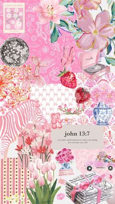 a collage of pink flowers and other items with the words john 13 7 on it