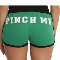 Nwt Green Shorts With Black Waistband And Black Lining Around Legs And Up Each Side On The Back In White Is The Words Pinch Me Perfect For Saint Paddy’s Day Or Any Day Sold Out 100% Polyester, Extremely Lightweight And Soft Green Letter Print Shorts For Summer, Stretch Green Pajama Shorts, Green Stretch Pajama Shorts, Green Stretch Bottoms With Letter Print, Casual Pajama Shorts With Letter Print, Green Cotton Shorts With Letter Print, Pinch Me, St Paddy, Green Shorts