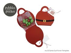 two red bags with green candies in them and a santa's hat on top