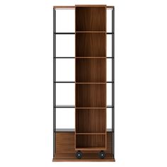 a bookcase with wheels on the front and bottom shelves in black metal, wood and glass