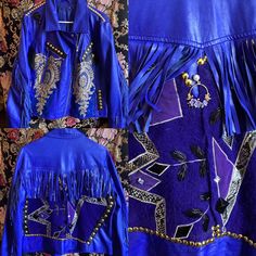 Gorgeous Piece! This Is A Gorgeous Bright Color Blue Purple, Women’s Size Large/Extra Large With Bust Max 40 Inches. It’s Faux Leather And Fringe That I Customed Both Sides Of With Gold Studs, Vintage Fabrics And Vintage Brooch On Back. Truly A Stunner And Like All Of My Custom Creations, A One Of A Kind Statement Piece! Free Gifts With Purchase! Follow My Designs, Shows And Sales On Ig: Farrahnaykaashline Purple Fringe Jacket, Fringe Jacket, Vintage Brooch, Vintage Fabrics, Gold Studs, Bright Color, Vintage Brooches, Custom Creations, Purple And Black