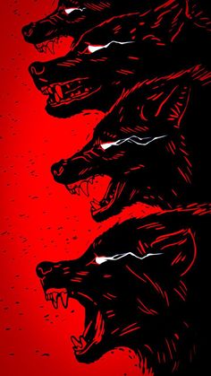 three black wolfs with their mouths open on a red background