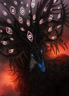 an evil looking bird with many eyes on it's face and feathers in the foreground