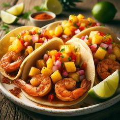 three tacos filled with shrimp, pineapple and mango salsa on a white plate