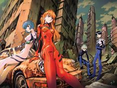 anime characters standing in front of a car on the street with buildings and cars behind them