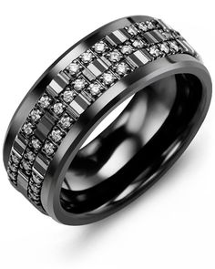 a black and white diamond set wedding ring with two rows of diamonds in the center