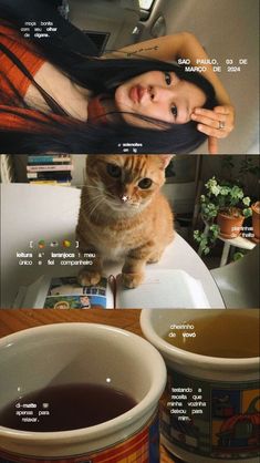 a cat sitting on top of a table next to a cup of tea and a woman's face