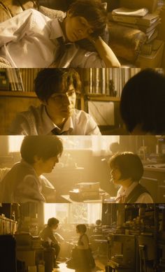 three different pictures of people sitting at a table in front of bookshelves and desks