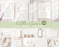 the little goose baby shower bundle is shown in white and green, along with other items