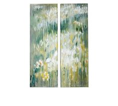 two pieces of art depicting flowers and grass in green tones, one is painted with acrylic paint