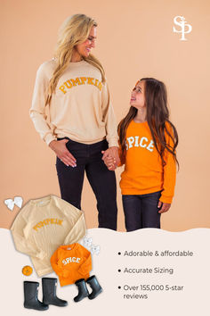 Mom and daughter smiling while wearing matching 'Pumpkin' and 'Spice' sweaters. Highlighting adorable and affordable fall fashion from Sparkle In Pink. Cozy Outfits, Autumn Days