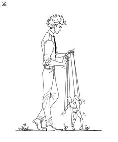 a drawing of a man holding onto a small child's hand while standing on the ground