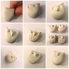 several pictures of clay owls and their faces