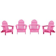 three pink plastic lawn chairs sitting next to each other on a white background in the shape of adironds