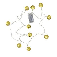 a string of christmas lights with gold balls on white wire and an advertise tag