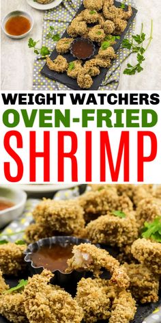 fried shrimp with dipping sauce on top and in the background, there is a plate full of them