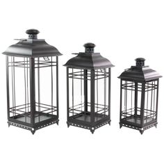 three black metal lanterns on white background