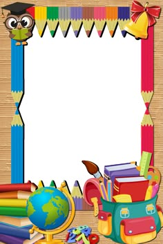 an empty paper with school supplies on a wooden background and a cartoon owl above it