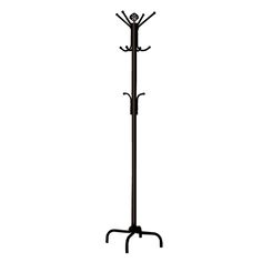 a black coat rack with three hooks and two coats on it's sides, against a white background