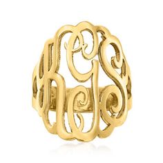 Ross-Simons - 24kt Gold Over Sterling Silver Open Script Monogram Ring Size 5. Make it your own. This ring is custom-cut in open script with a monogram of your choice. Please specify three initials and indicate which to center. Due to the design, ring may fit smaller than expected; we recommend ordering one size up. 24kt yellow gold over sterling silver monogram ring. Adjustable Gold Initial Ring With Monogram, Adjustable Gold Monogram Initial Ring, Gold Engraved Ring With Monogram Personalized Gift, Monogram Ring Gold, Silver Monogram, Script Monogram, Oval Locket, Monogram Ring, Fine Jewelery