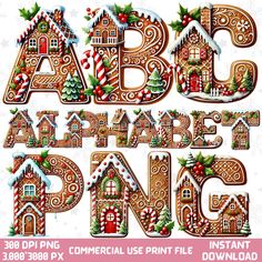 the alphabet is made up of gingerbread houses and candy canes with holly wreaths