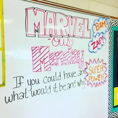 a white board with writing on it in front of a door that says, marvel two merry christmas what would it be?