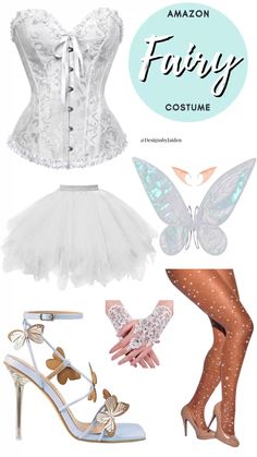 the costume is white and has butterfly wings on it, as well as butterflies in her shoes